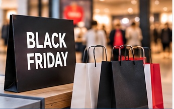 Black Friday shopping bags in a retail setting.