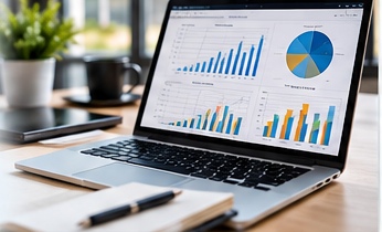 Laptop displaying business reporting and analytics dashboards.