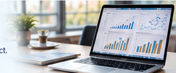 Laptop displaying reporting dashboards on a bright office desk.