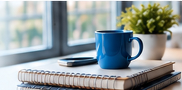Blue coffee mug and notebook beside a window.