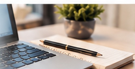 Laptop, notebook, pen, and plant on a clean workspace.