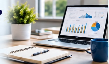 Laptop displaying analytics charts in a bright workspace.